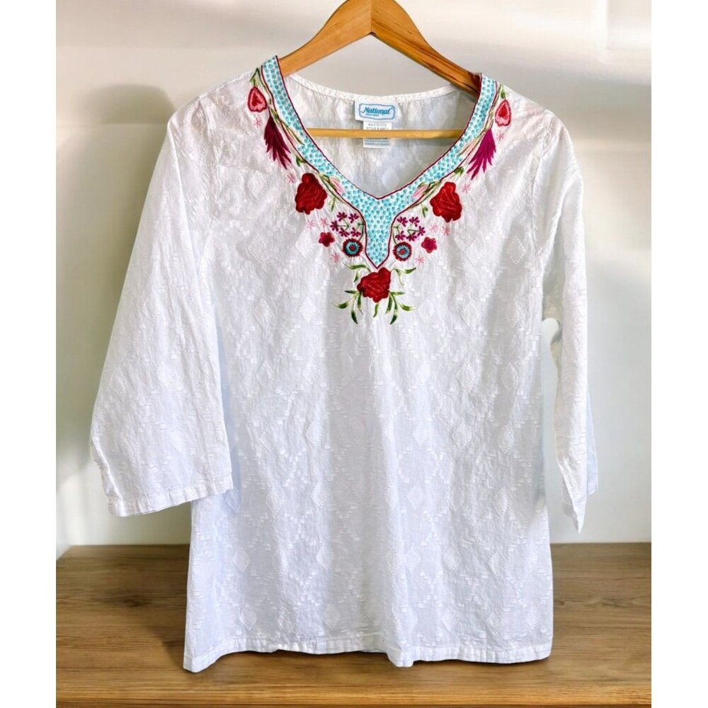 Floral Embroidered V-Neck Top Womens Size L Bohemian 3/4 Sleeves National